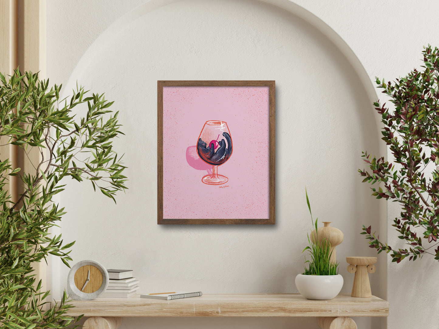Black Cat and Wine Glass Pink Art Print