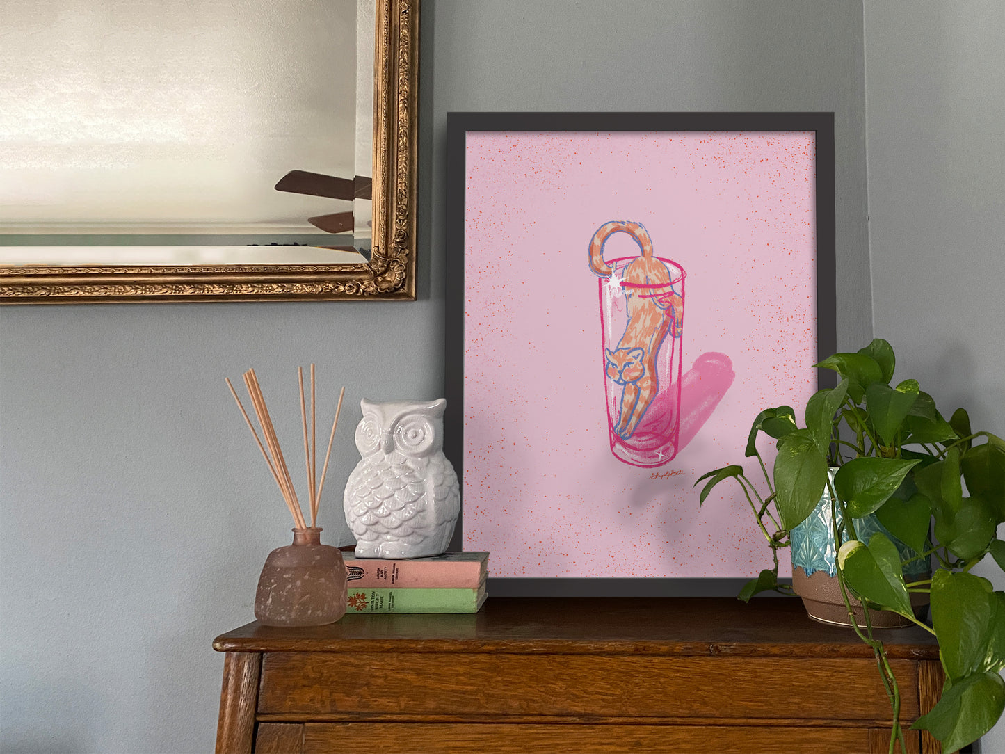 Tabby Cat and Collins Glass Pink Art Print