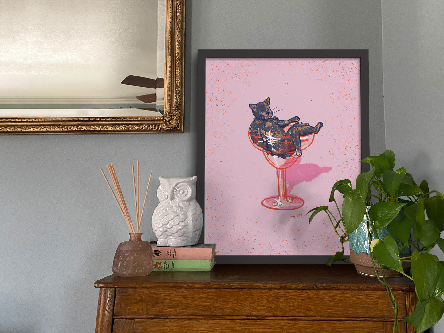 Tortoiseshell Cat and Margarita Glass Pink Art Print