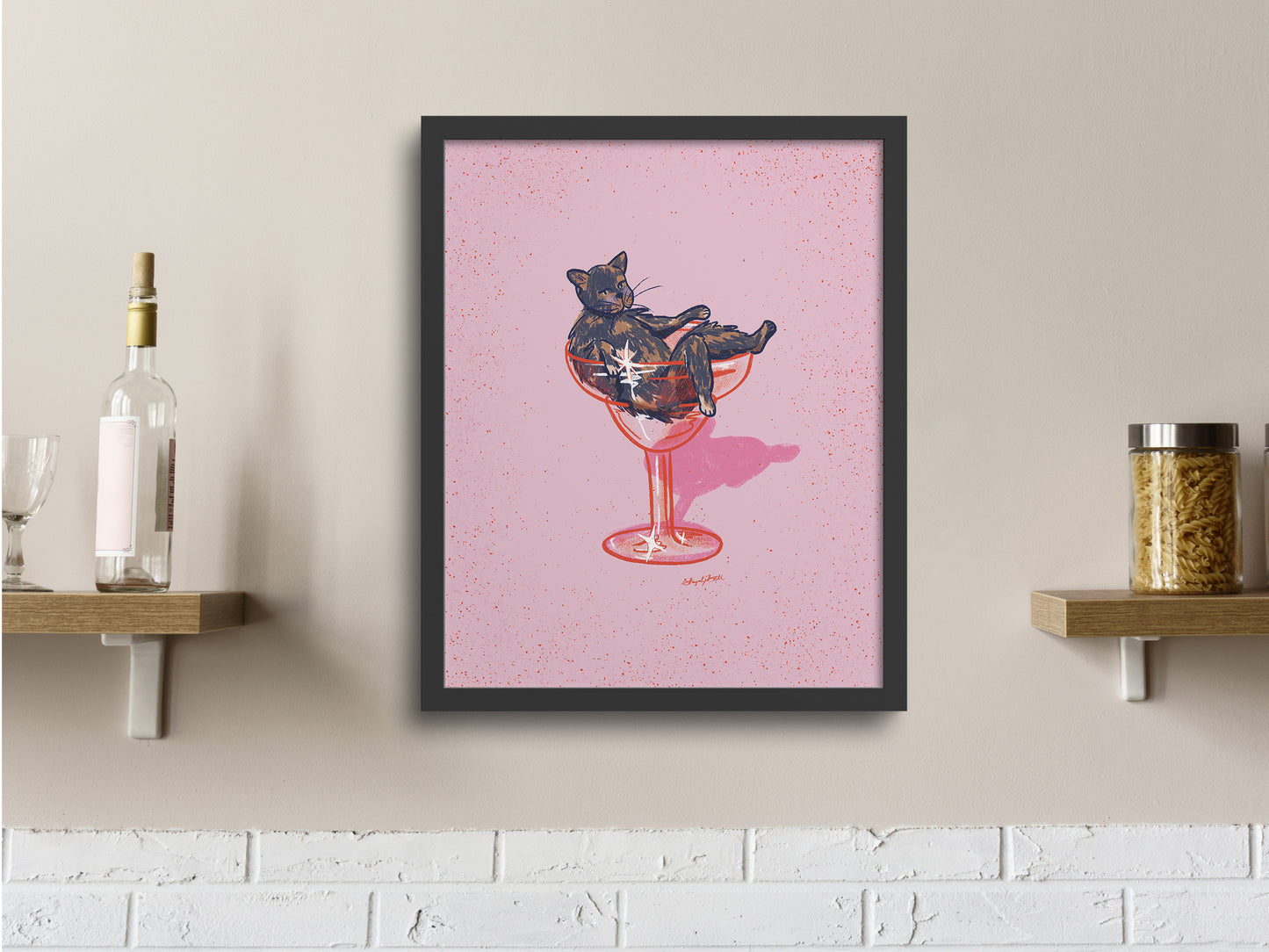 Tortoiseshell Cat and Margarita Glass Pink Art Print