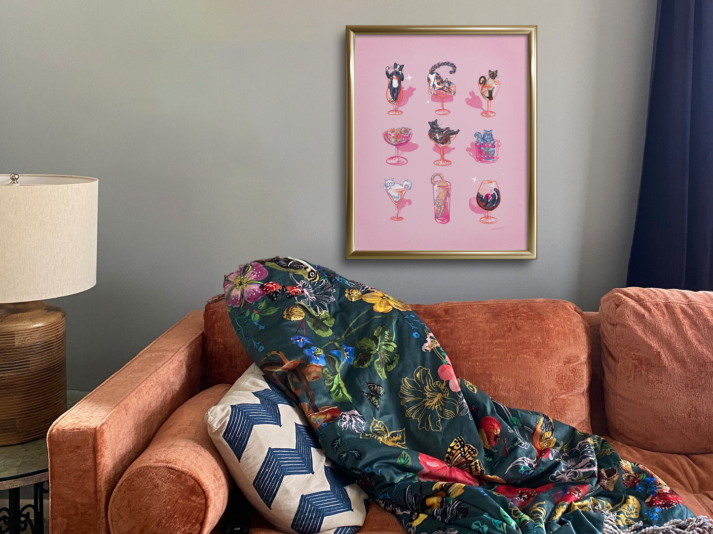 Cats and Cocktails Pink Art Print