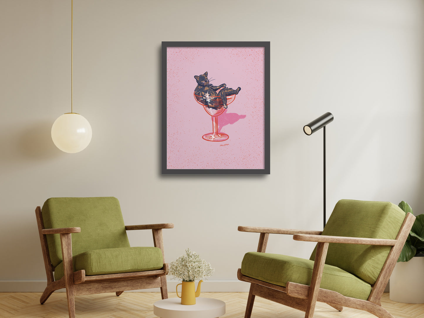 Tortoiseshell Cat and Margarita Glass Pink Art Print