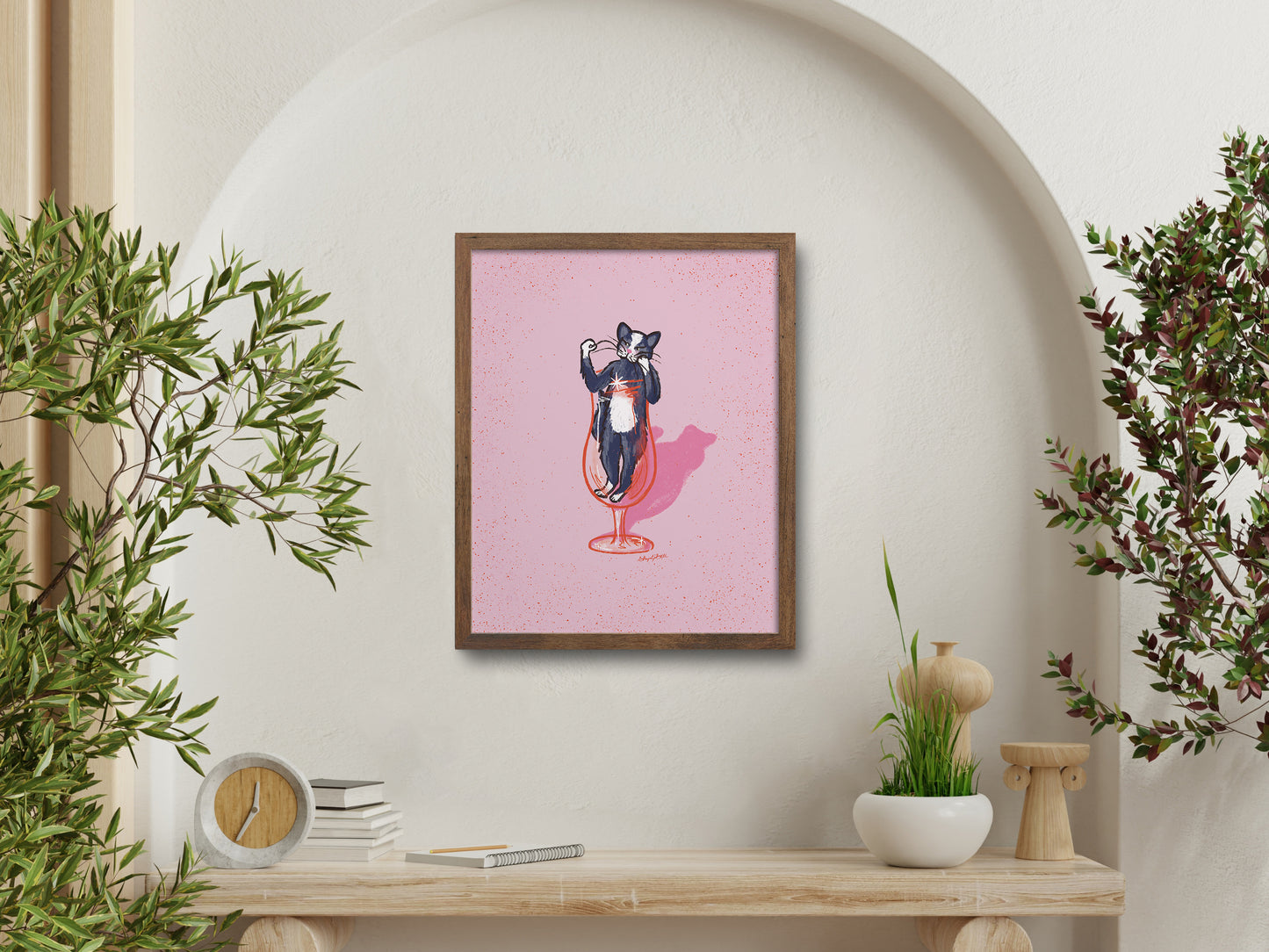 Tuxedo Cat and Cocktail Glass Pink Art Print