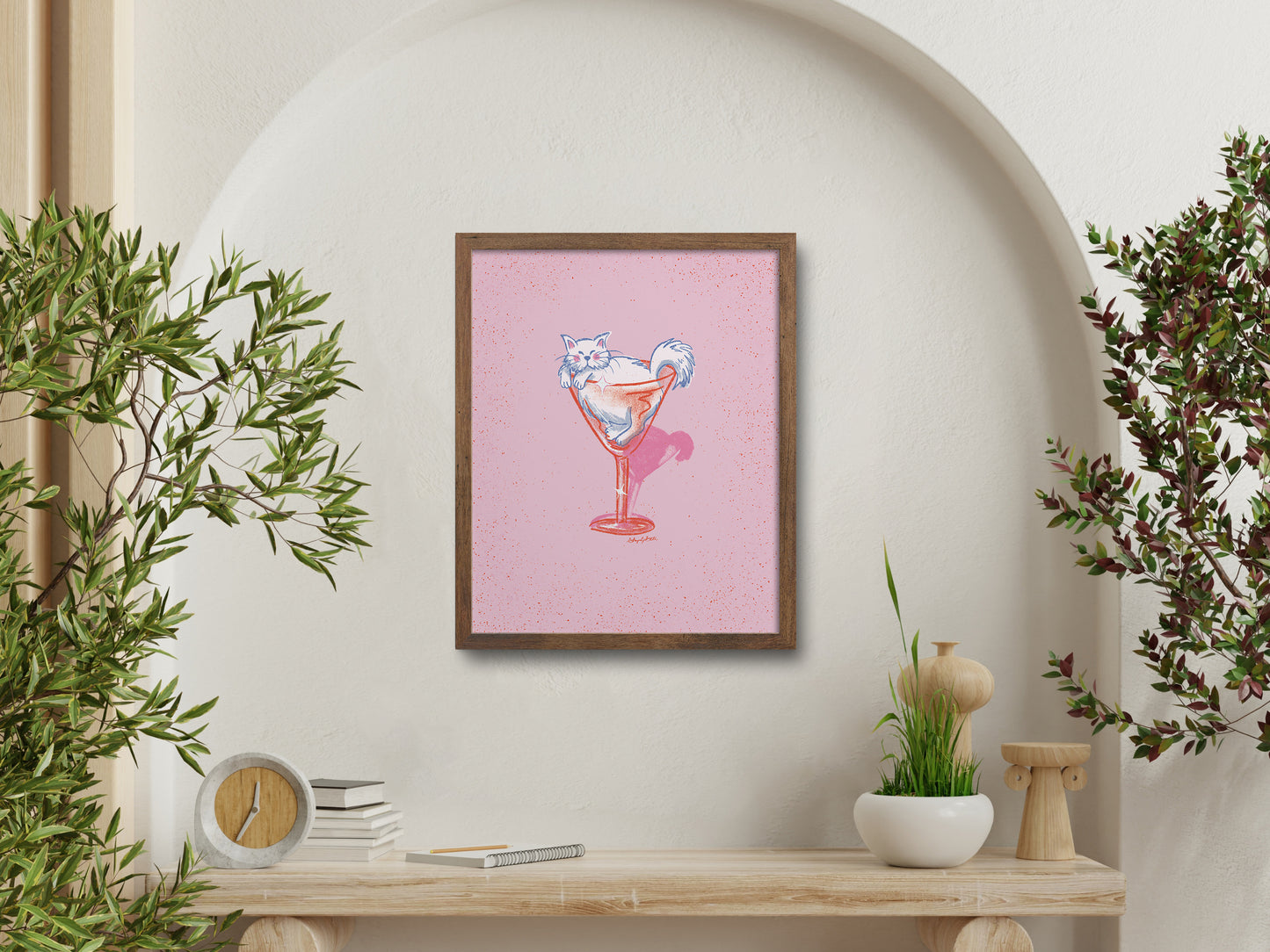Fluffy White Cat and Cocktail Glass Pink Art Print