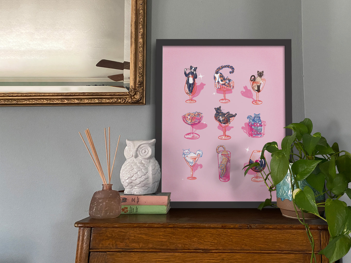 Cats and Cocktails Pink Art Print