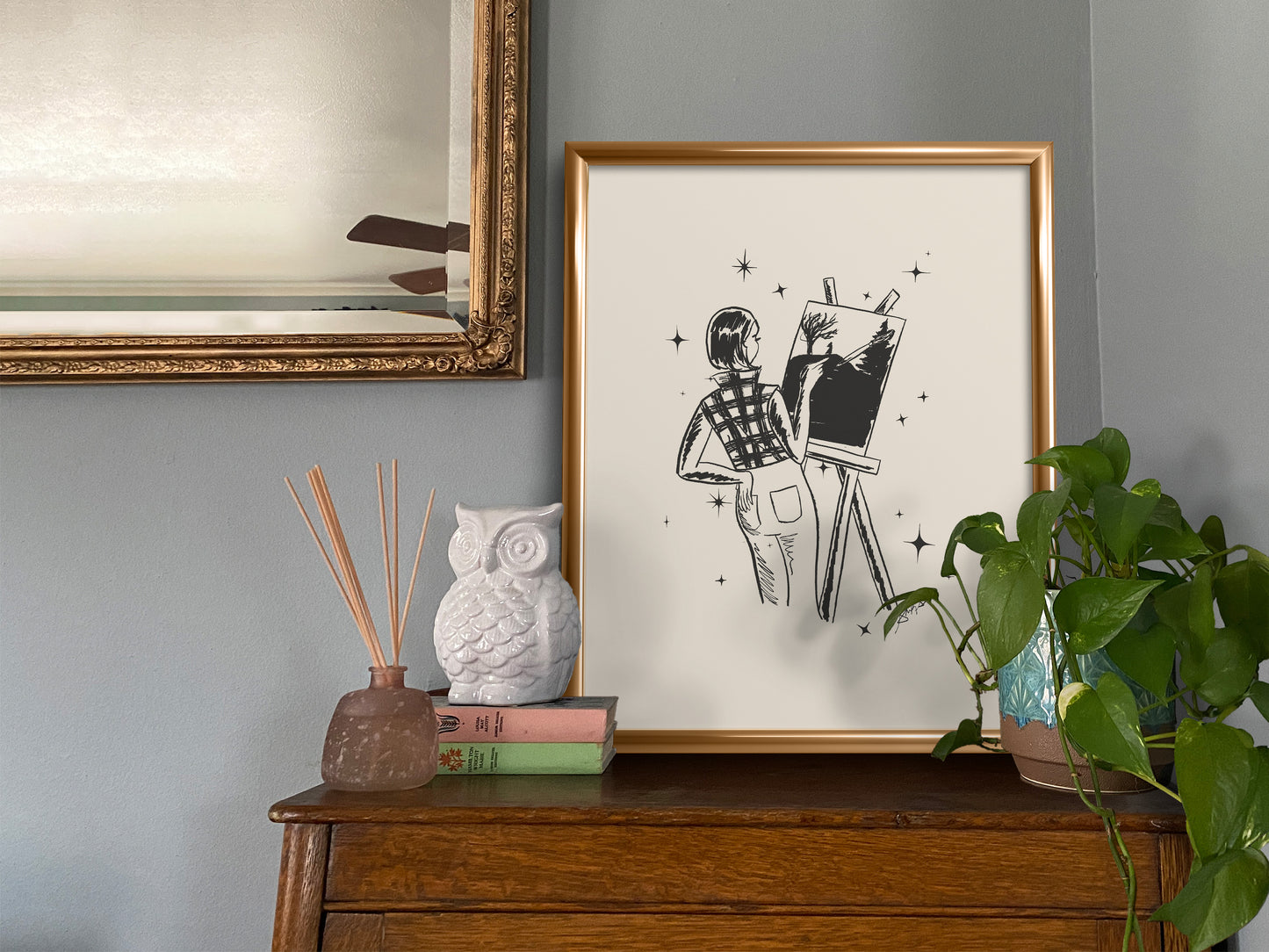 Artsy Witch Ink Drawing: Retro Halloween Wall Art