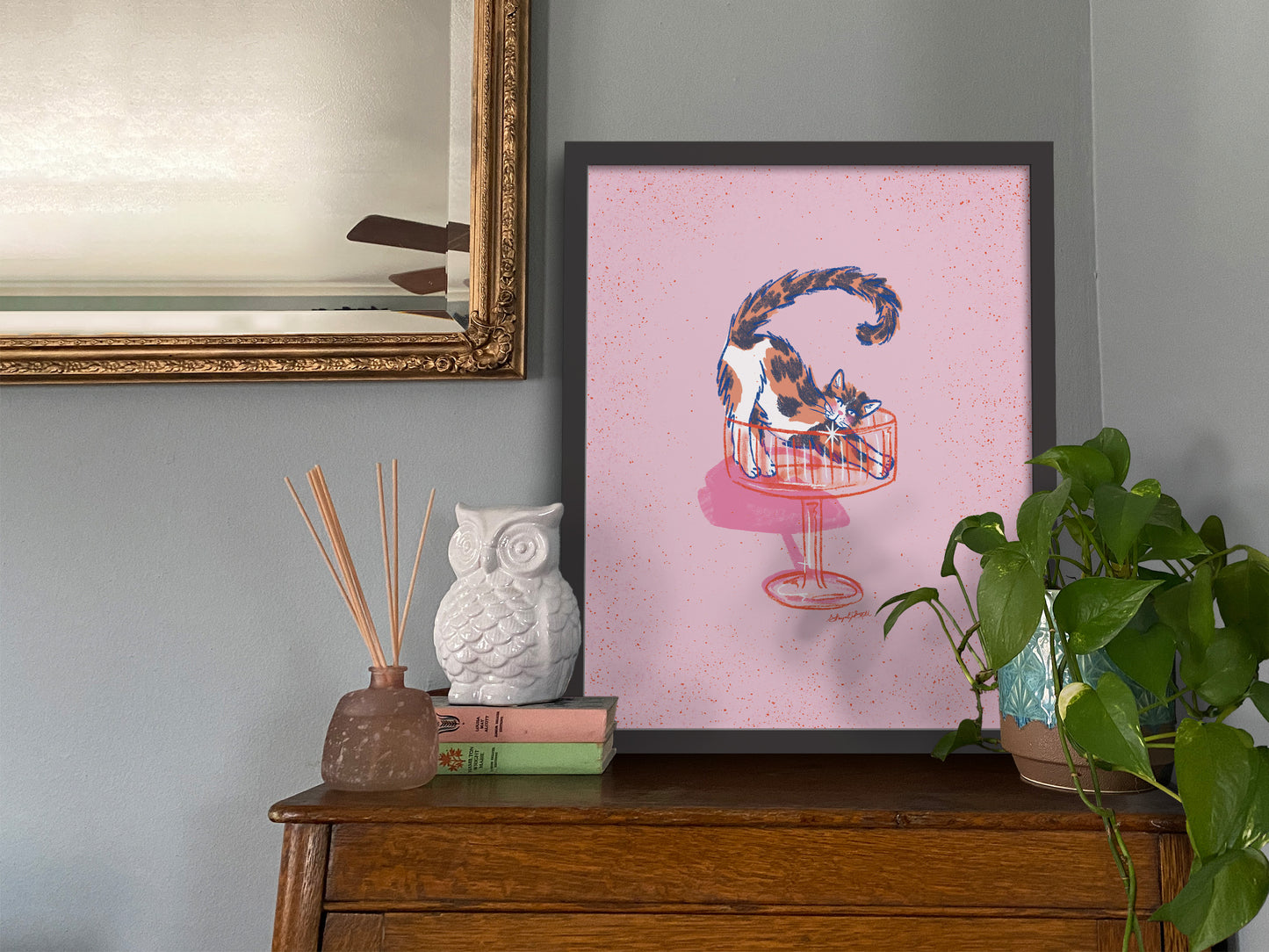 Calico Cat and Martini Glass Pink Art Print
