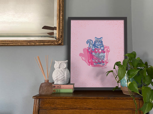 Grey Cat and Cocktail Glass Pink Art Print