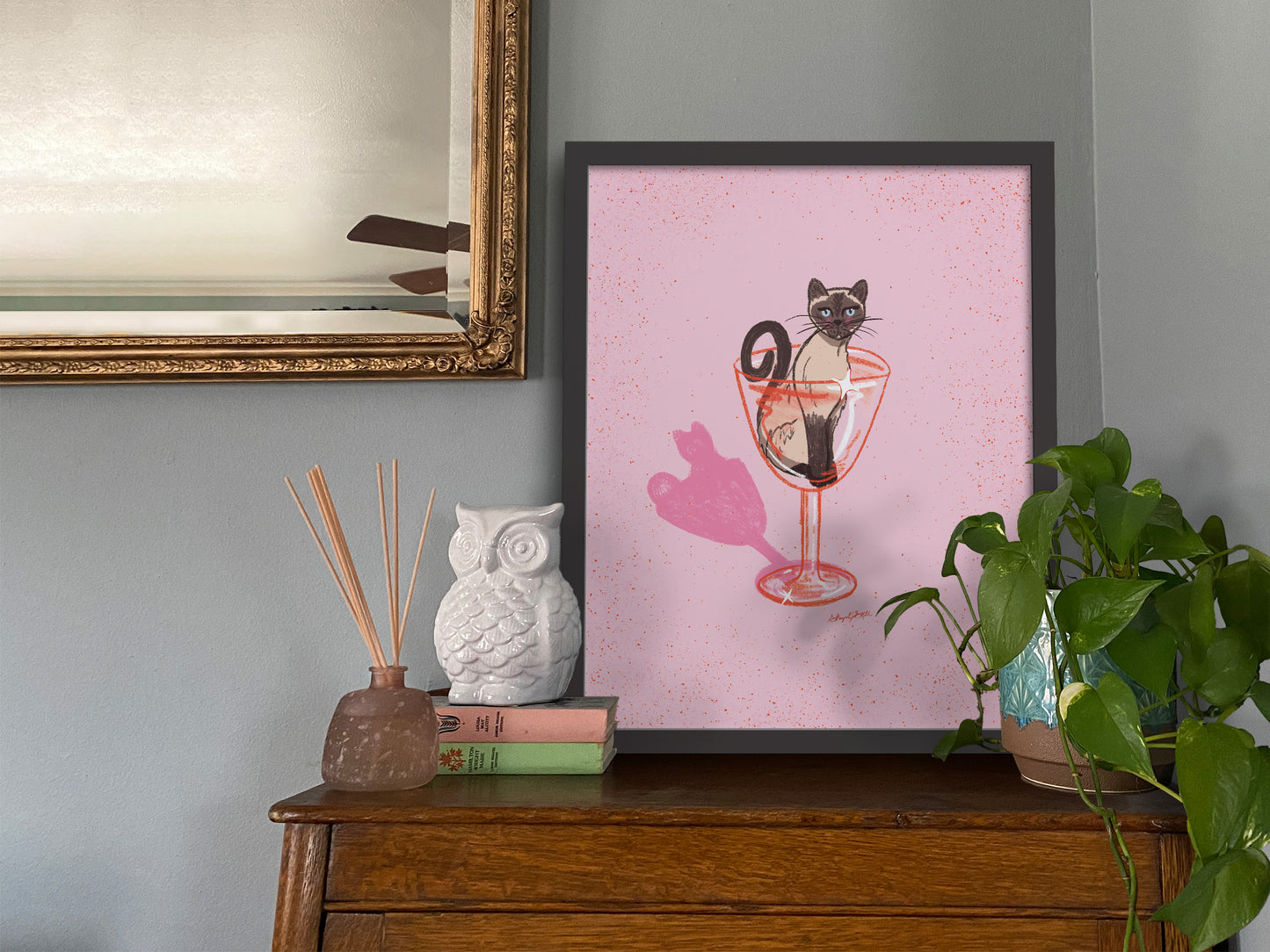 Siamese Cat and Cocktail Glass Pink Art Print