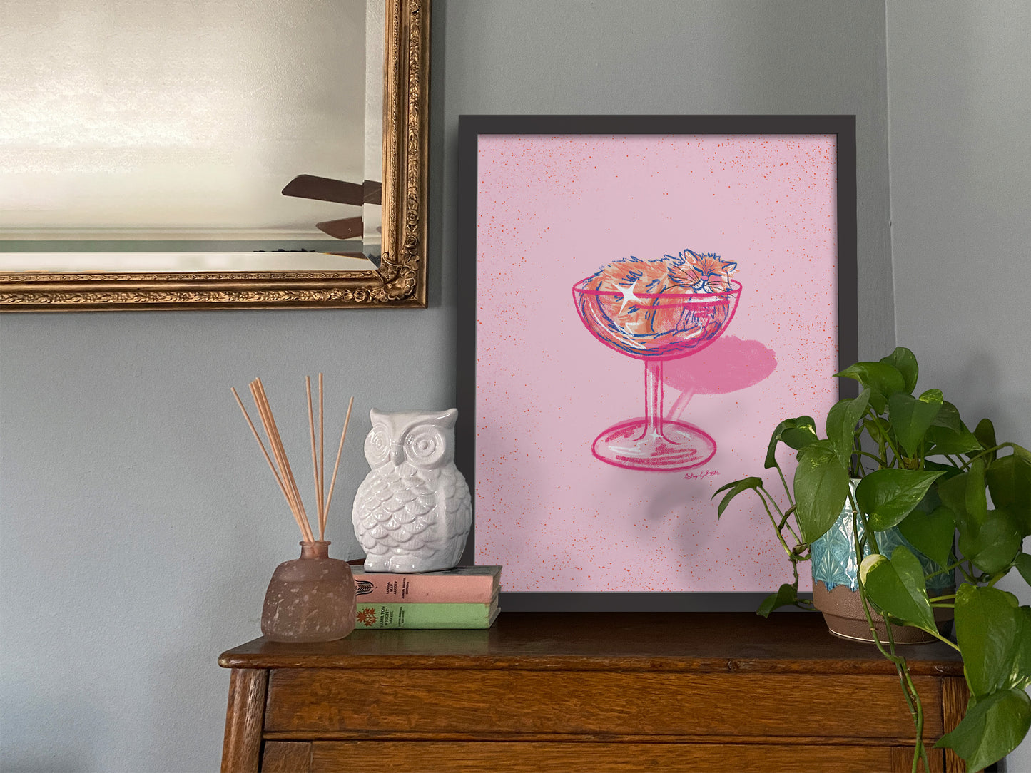 Orange Cat and Coupe Glass Pink Wall Art
