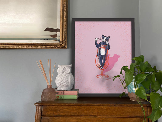 Tuxedo Cat and Cocktail Glass Pink Art Print