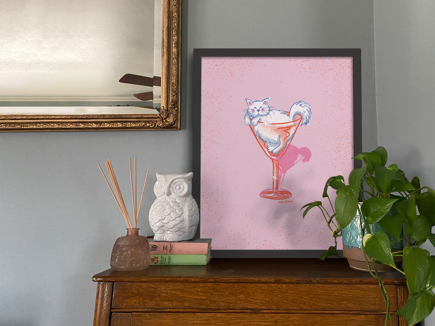 Fluffy White Cat and Cocktail Glass Pink Art Print
