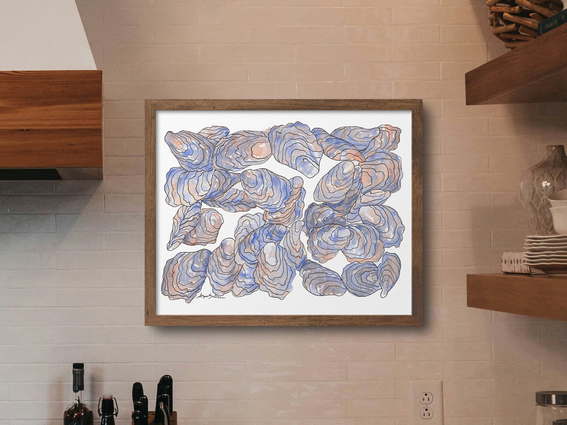 Modern kitchen with an abstract watercolor oyster painting on the wall.