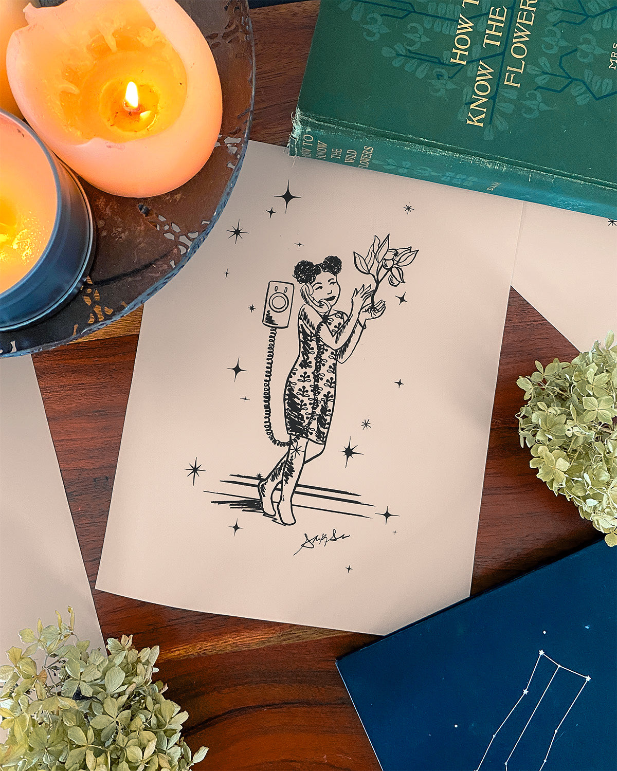 Garden Witch Ink Illustration: Cottagecore Halloween Art Print