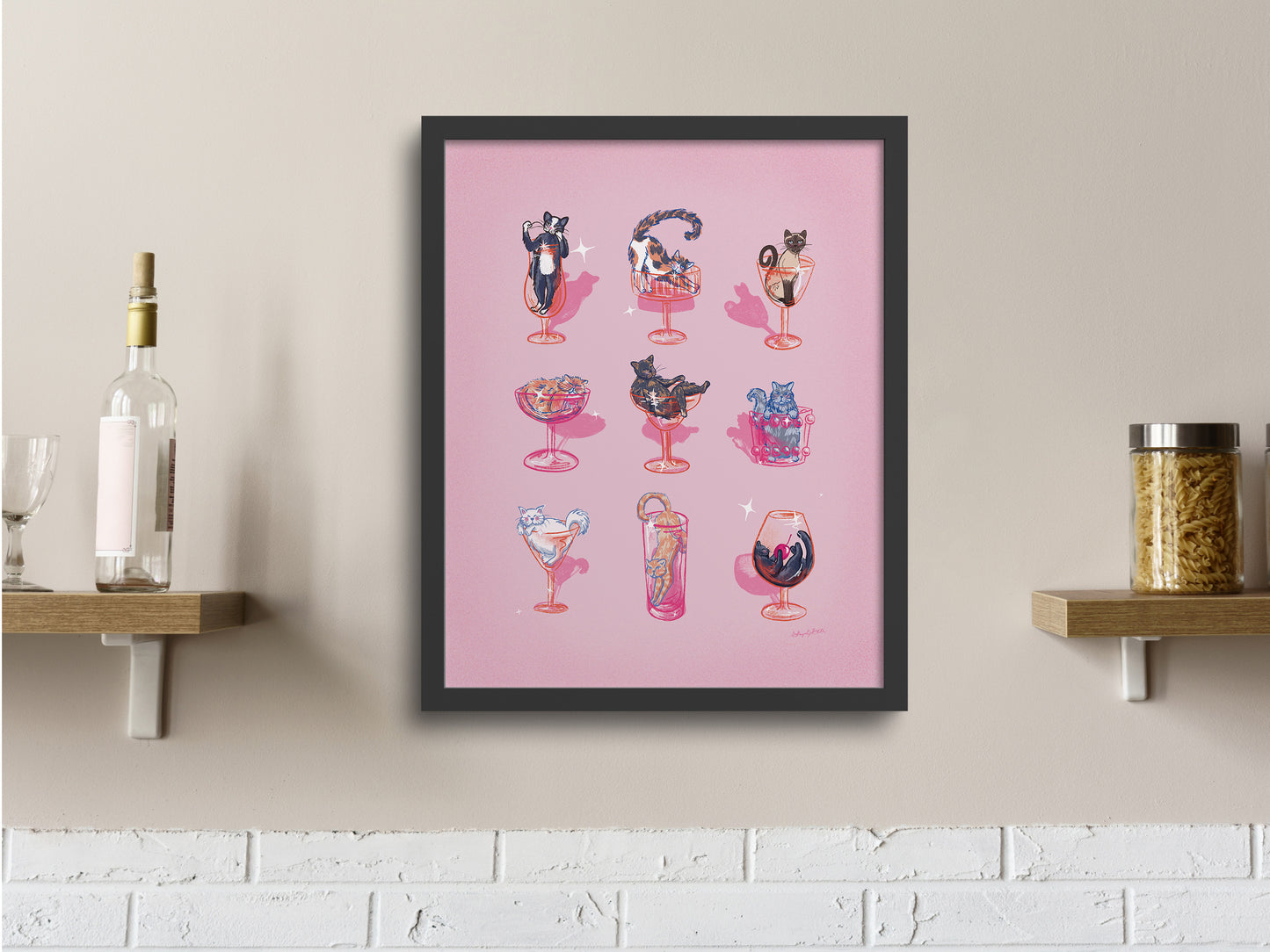 Cats and Cocktails Pink Art Print