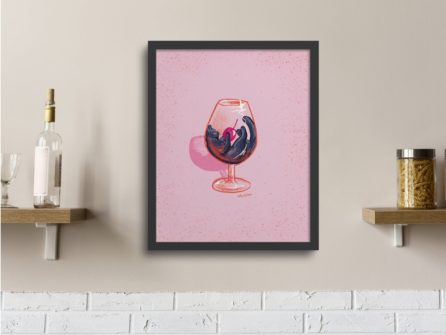 Black Cat and Wine Glass Pink Art Print