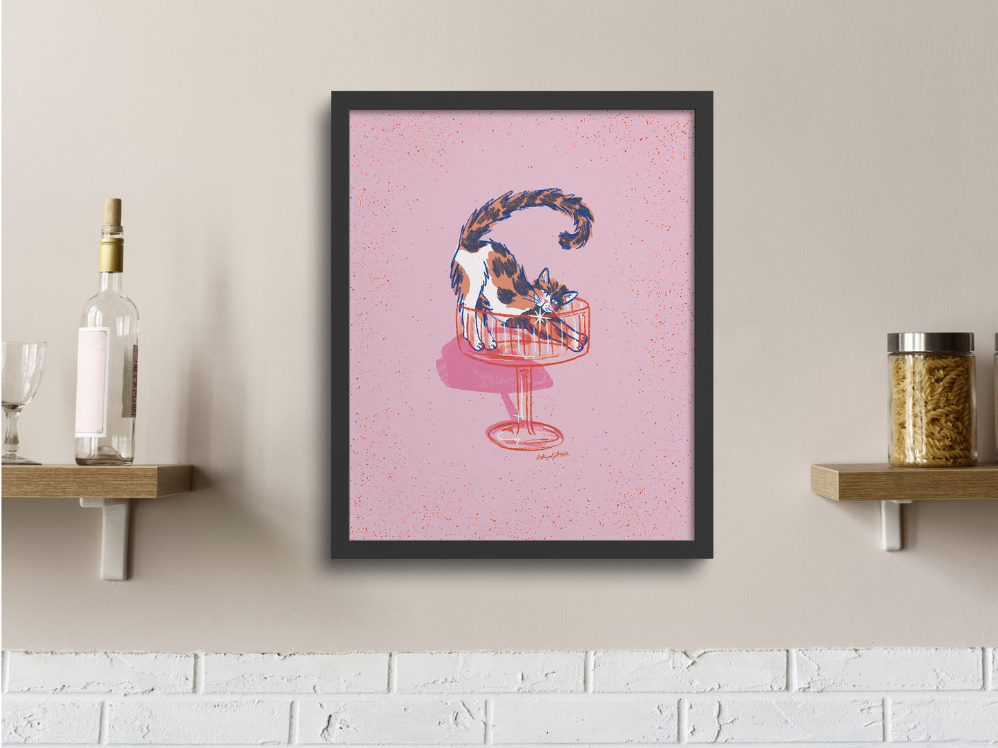 Calico Cat and Martini Glass Pink Art Print