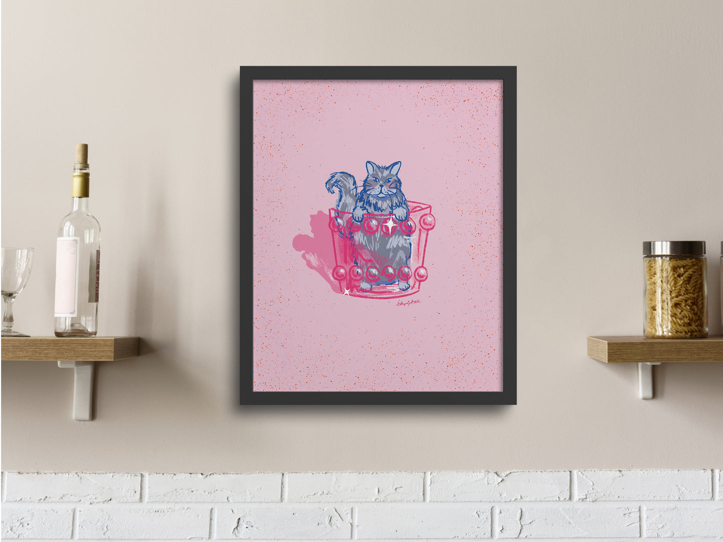 Grey Cat and Cocktail Glass Pink Art Print