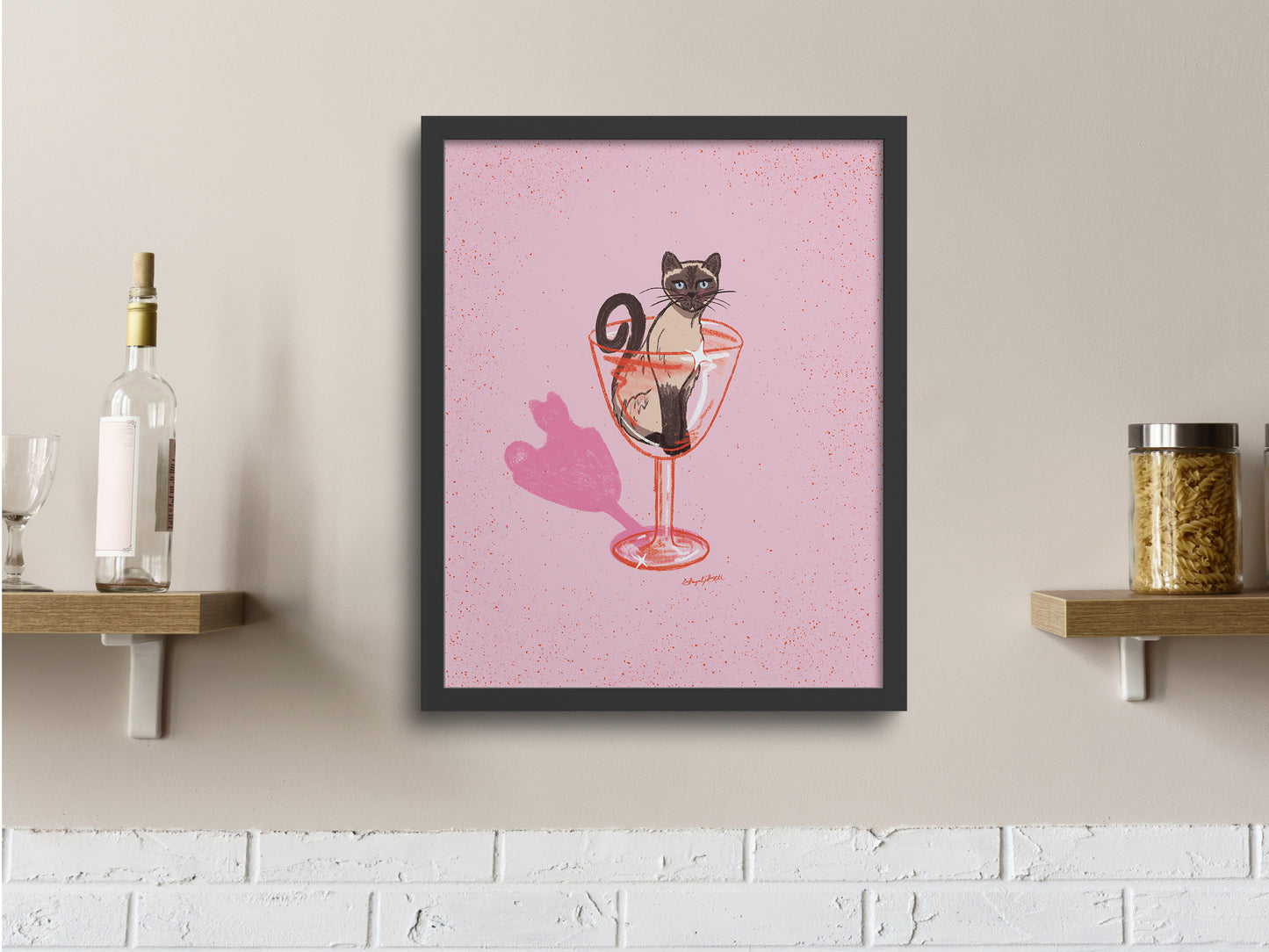 Siamese Cat and Cocktail Glass Pink Art Print