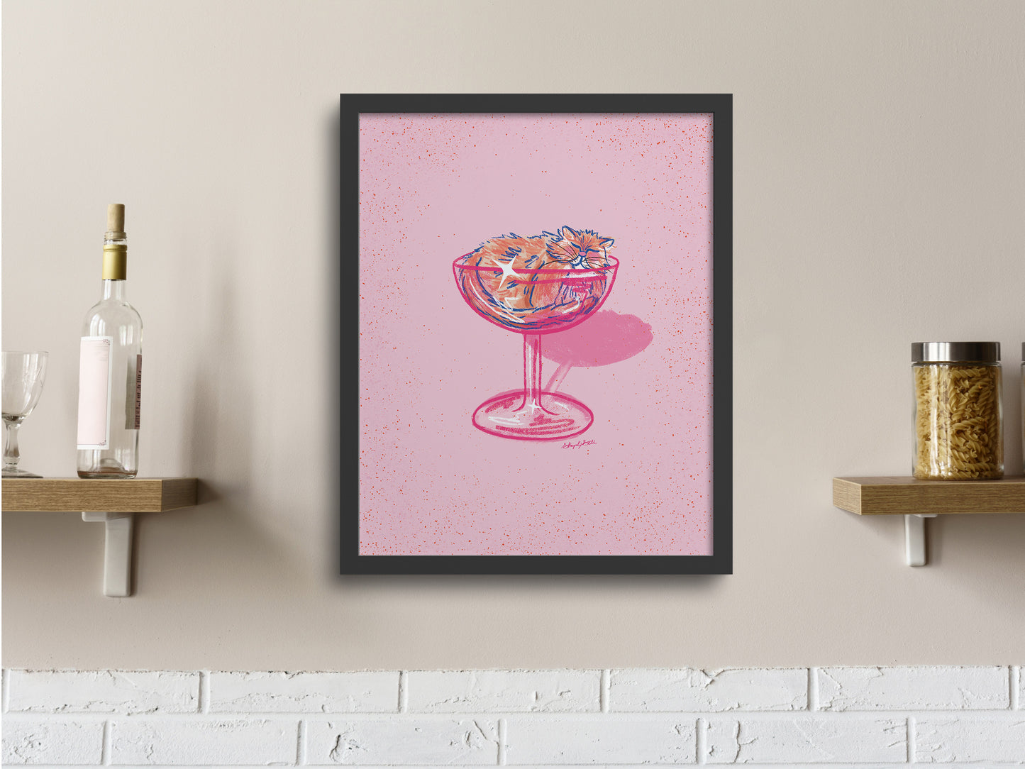 Orange Cat and Coupe Glass Pink Wall Art
