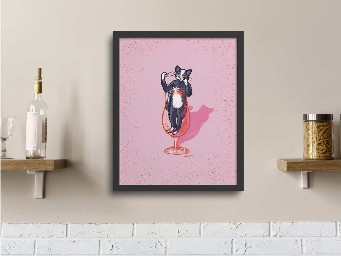 Tuxedo Cat and Cocktail Glass Pink Art Print