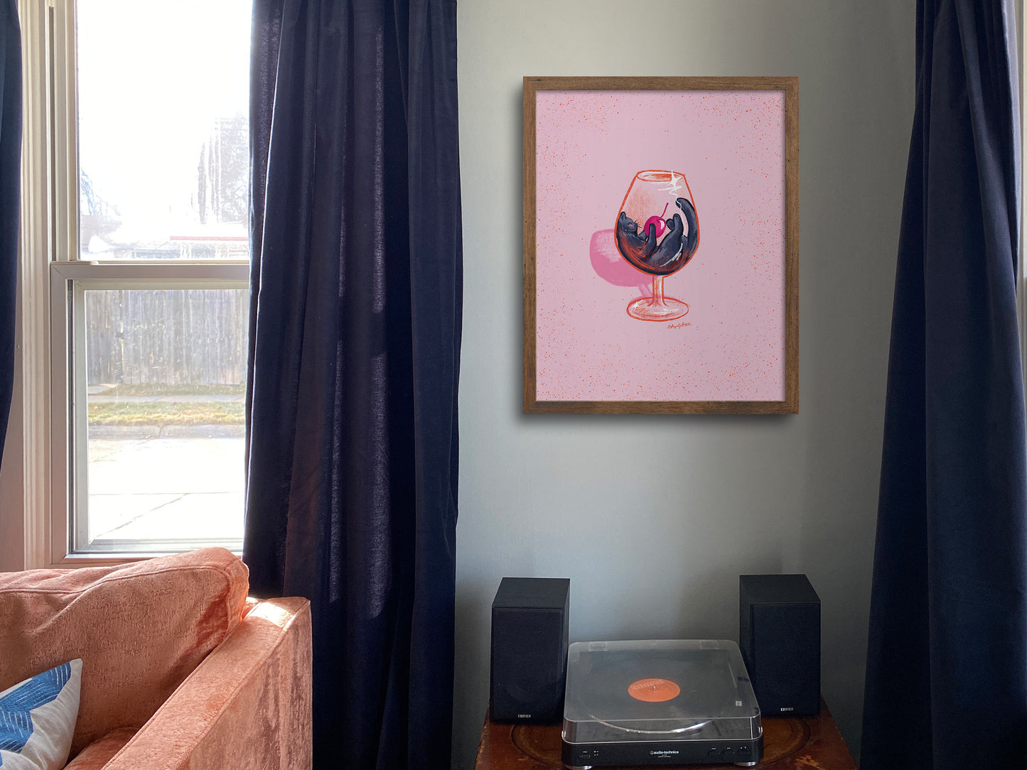Black Cat and Wine Glass Pink Art Print