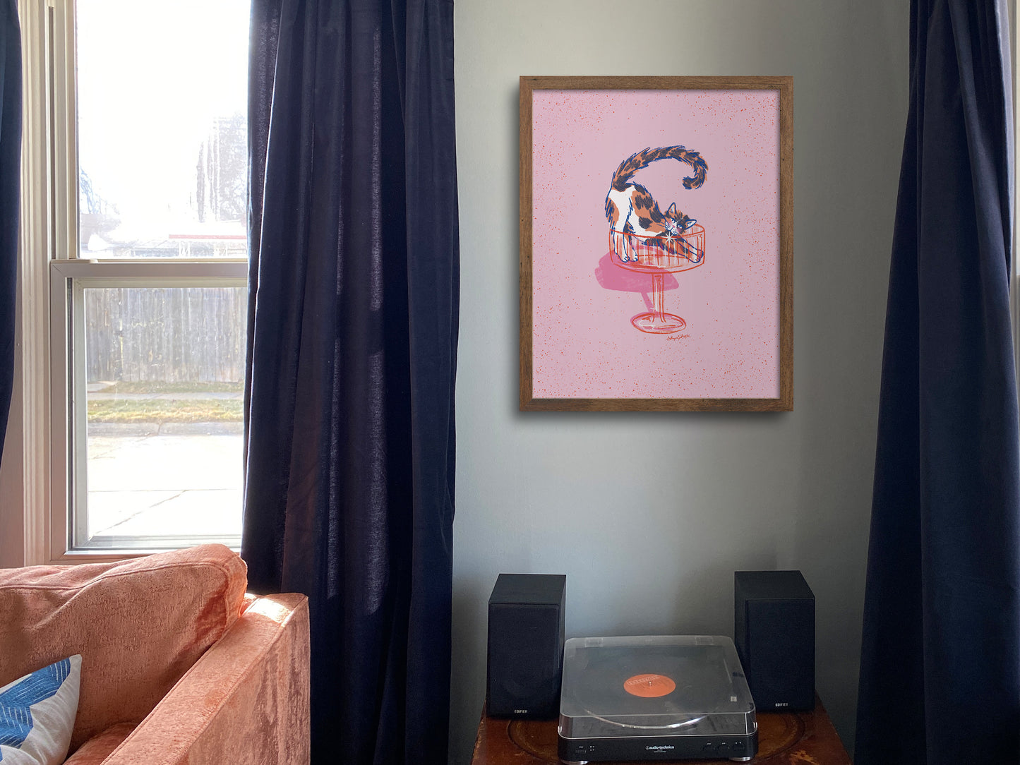 Calico Cat and Martini Glass Pink Art Print