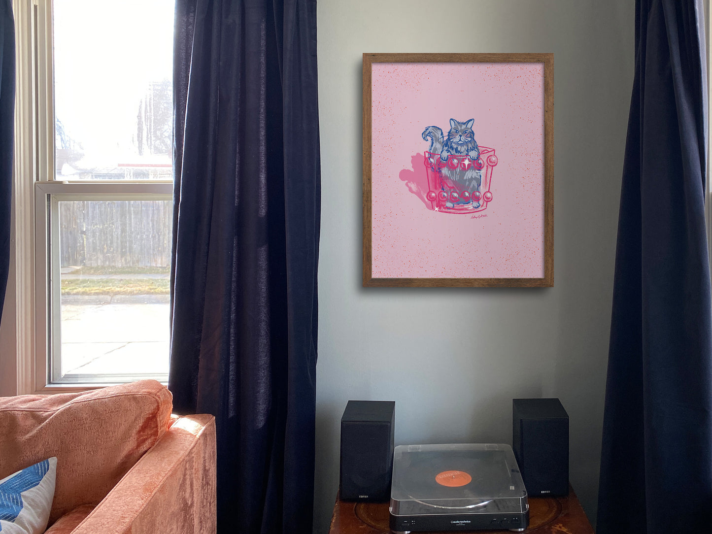 Grey Cat and Cocktail Glass Pink Art Print