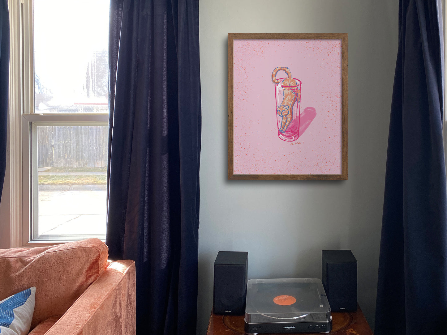 Tabby Cat and Collins Glass Pink Art Print