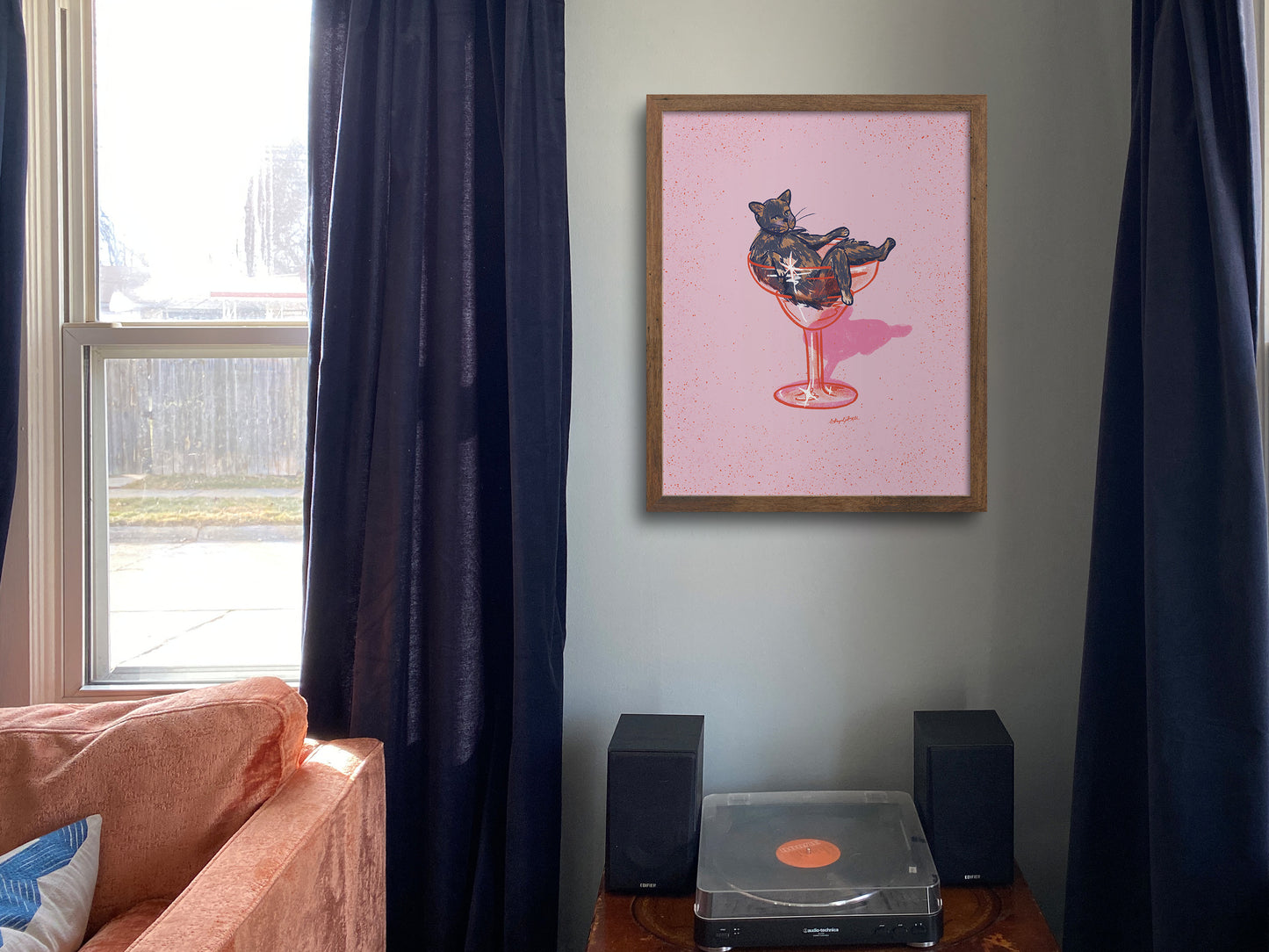 Tortoiseshell Cat and Margarita Glass Pink Art Print