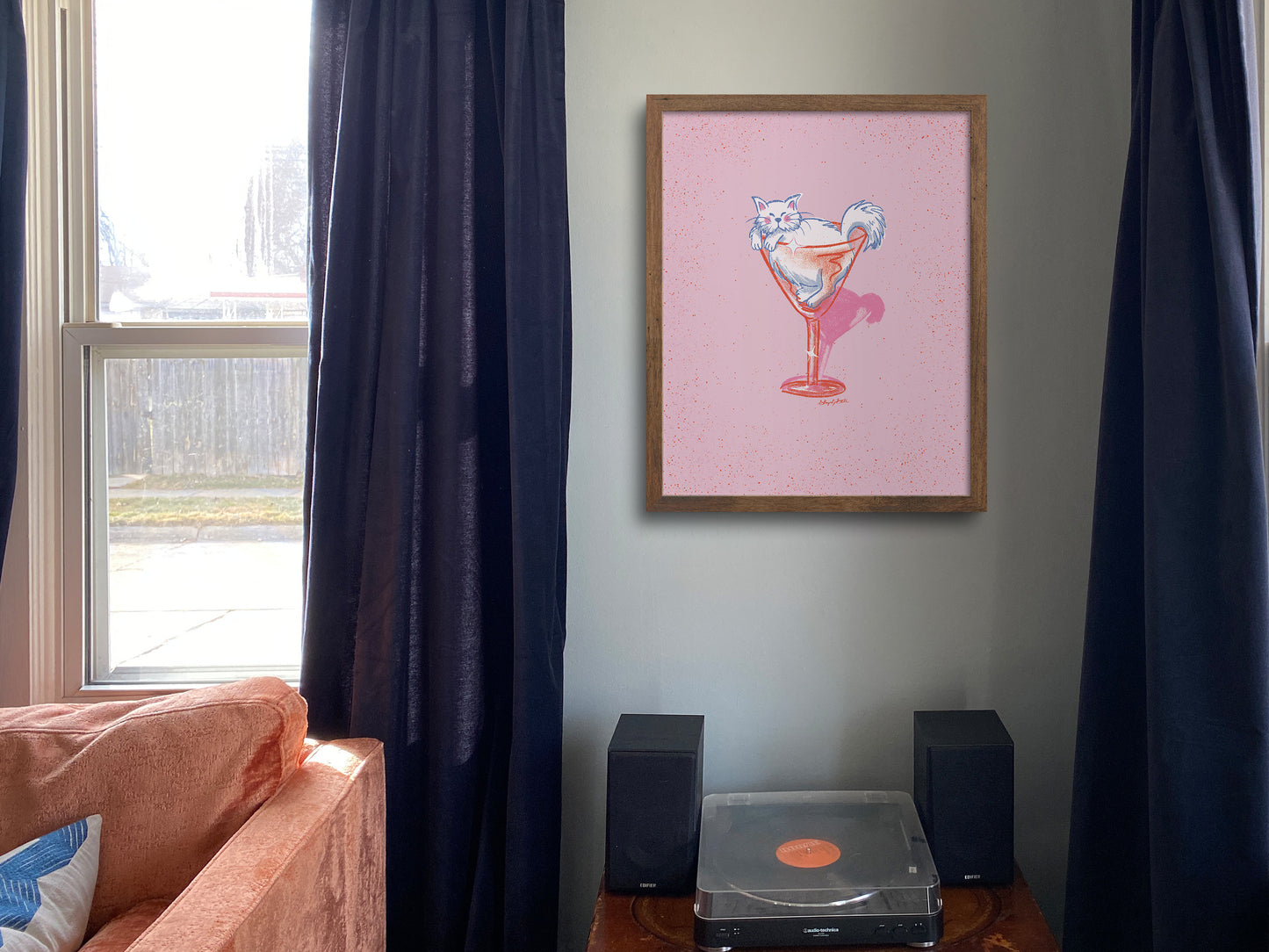 Fluffy White Cat and Cocktail Glass Pink Art Print