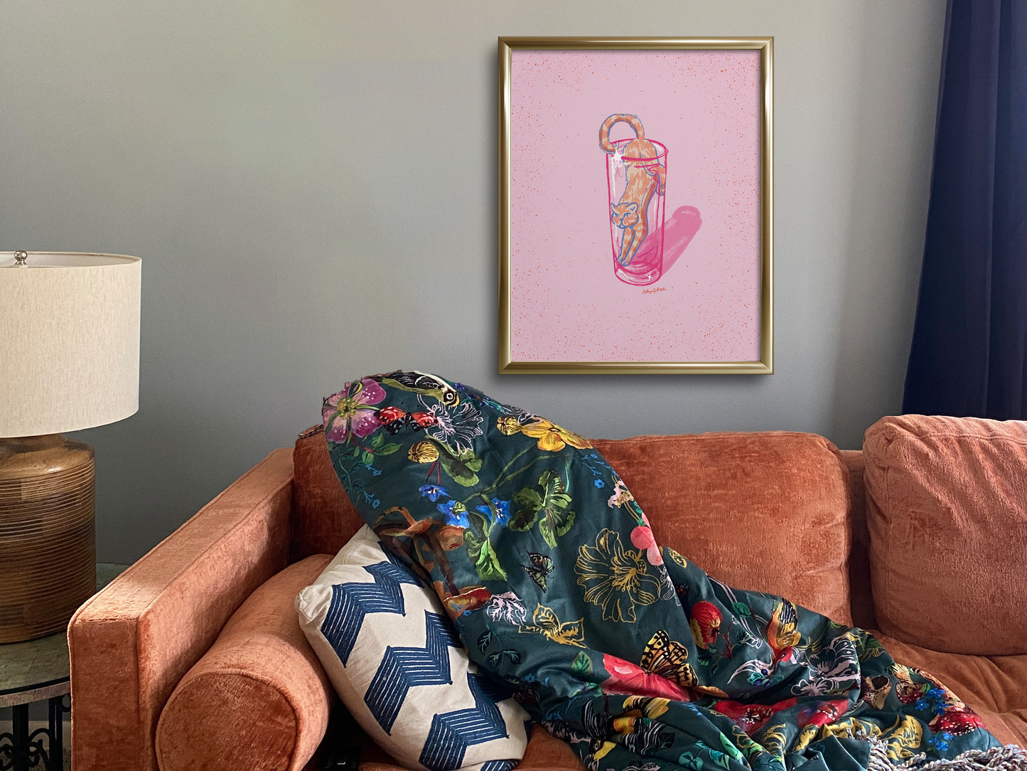 Tabby Cat and Collins Glass Pink Art Print