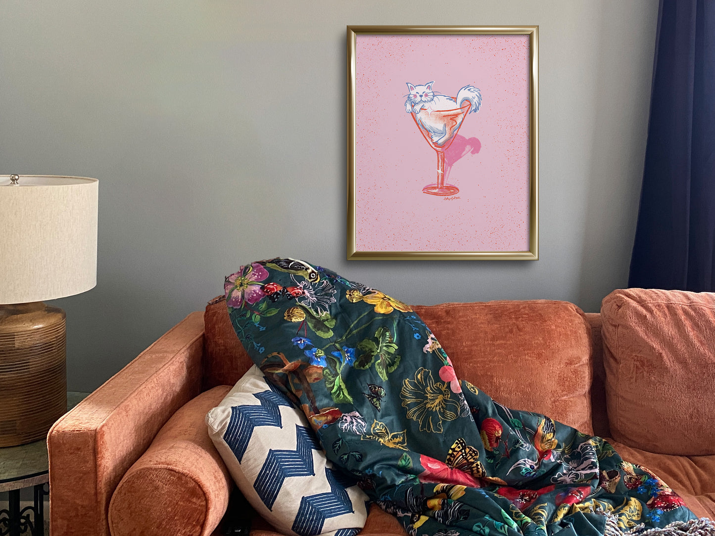 Fluffy White Cat and Cocktail Glass Pink Art Print