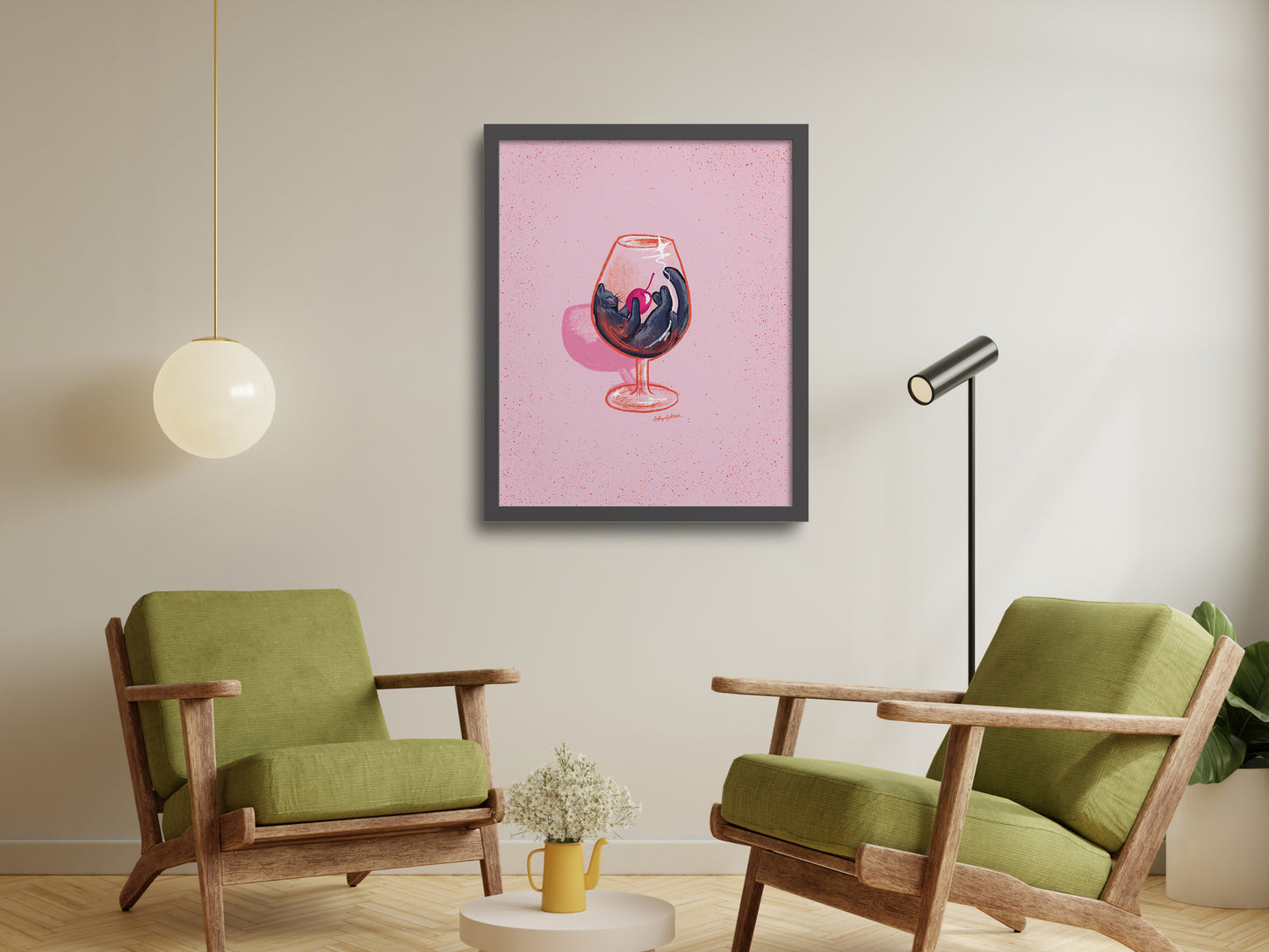 Black Cat and Wine Glass Pink Art Print