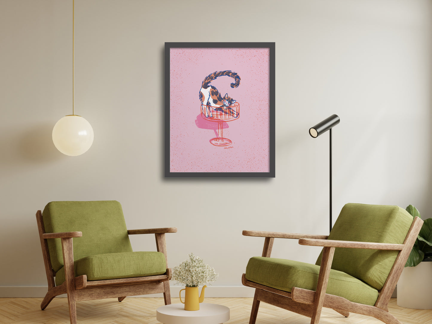 Calico Cat and Martini Glass Pink Art Print