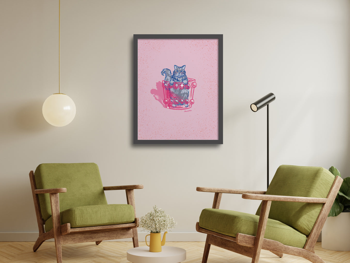 Grey Cat and Cocktail Glass Pink Art Print