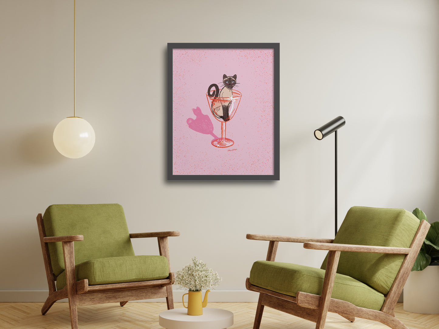 Siamese Cat and Cocktail Glass Pink Art Print