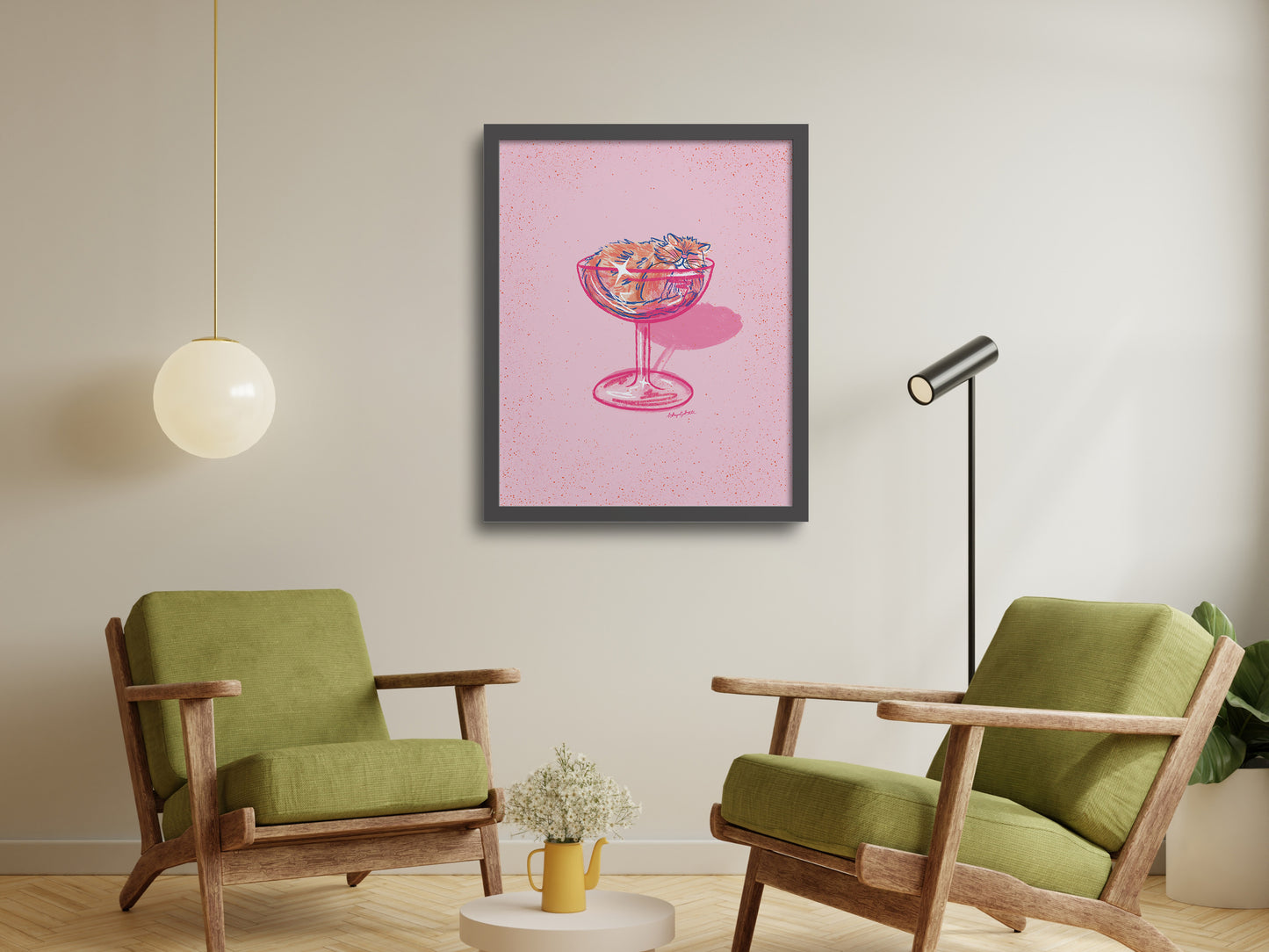 Orange Cat and Coupe Glass Pink Wall Art