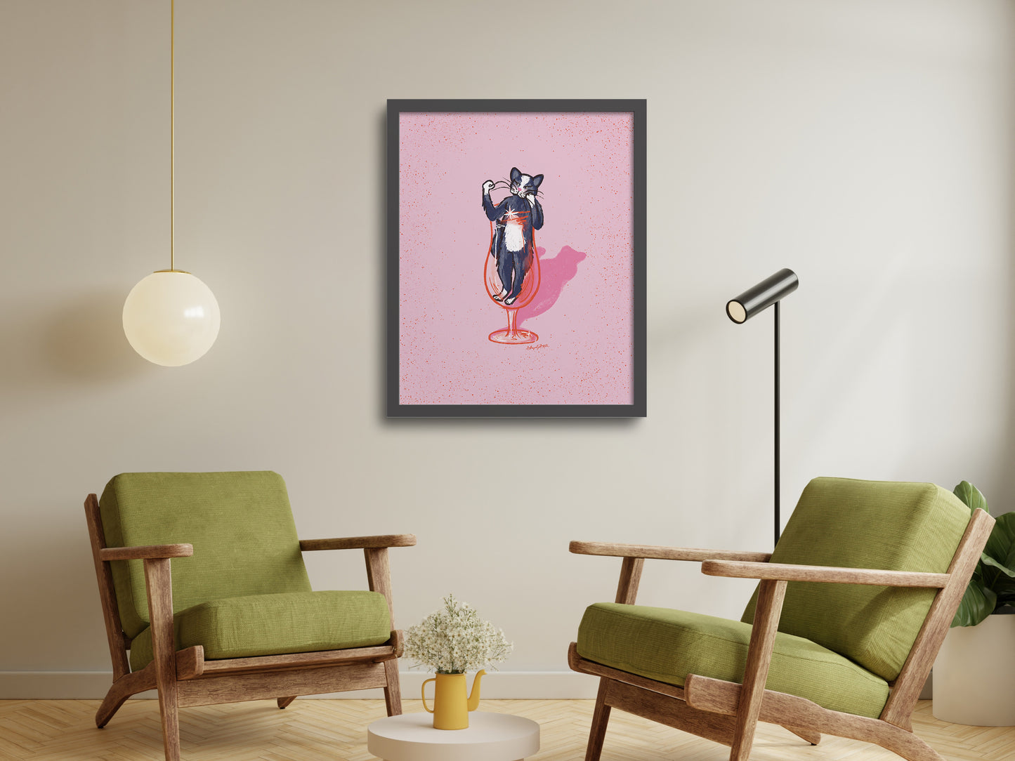 Tuxedo Cat and Cocktail Glass Pink Art Print