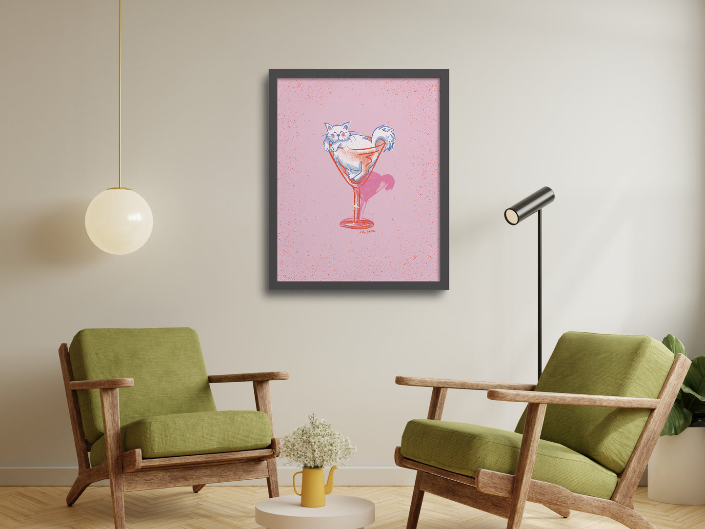 Fluffy White Cat and Cocktail Glass Pink Art Print