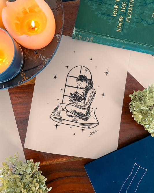 Hitting the Spellbooks Witch Illustration: Cozy Halloween Art Print